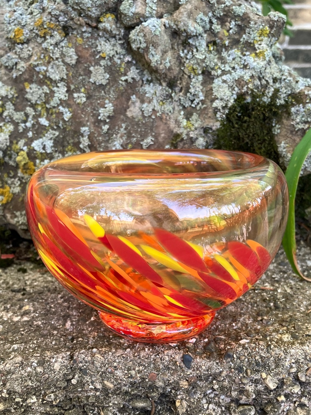 Vintage Murano Double Walled Handblown Art Glass Bowl in Red and Yellow